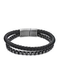 Matte Finish Stainless Steel Box Chain and Braided Black Leather Bracelet