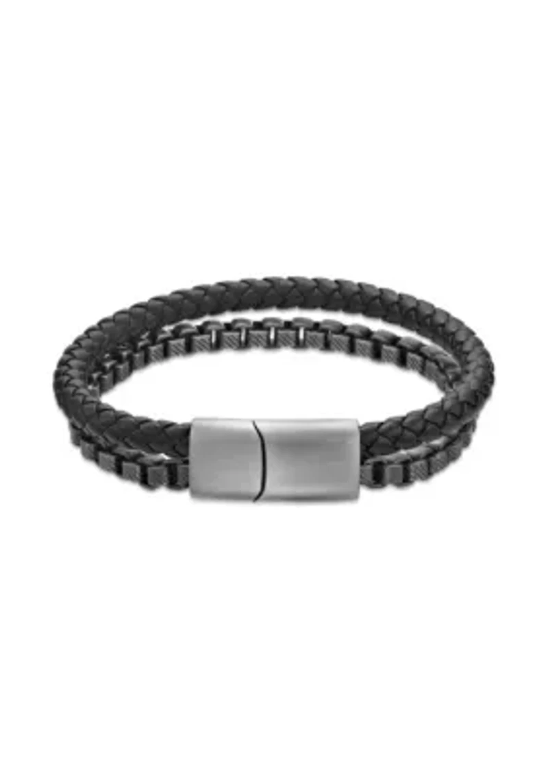 Matte Finish Stainless Steel Box Chain and Braided Black Leather Bracelet