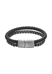 Matte Finish Stainless Steel Box Chain and Braided Black Leather Bracelet