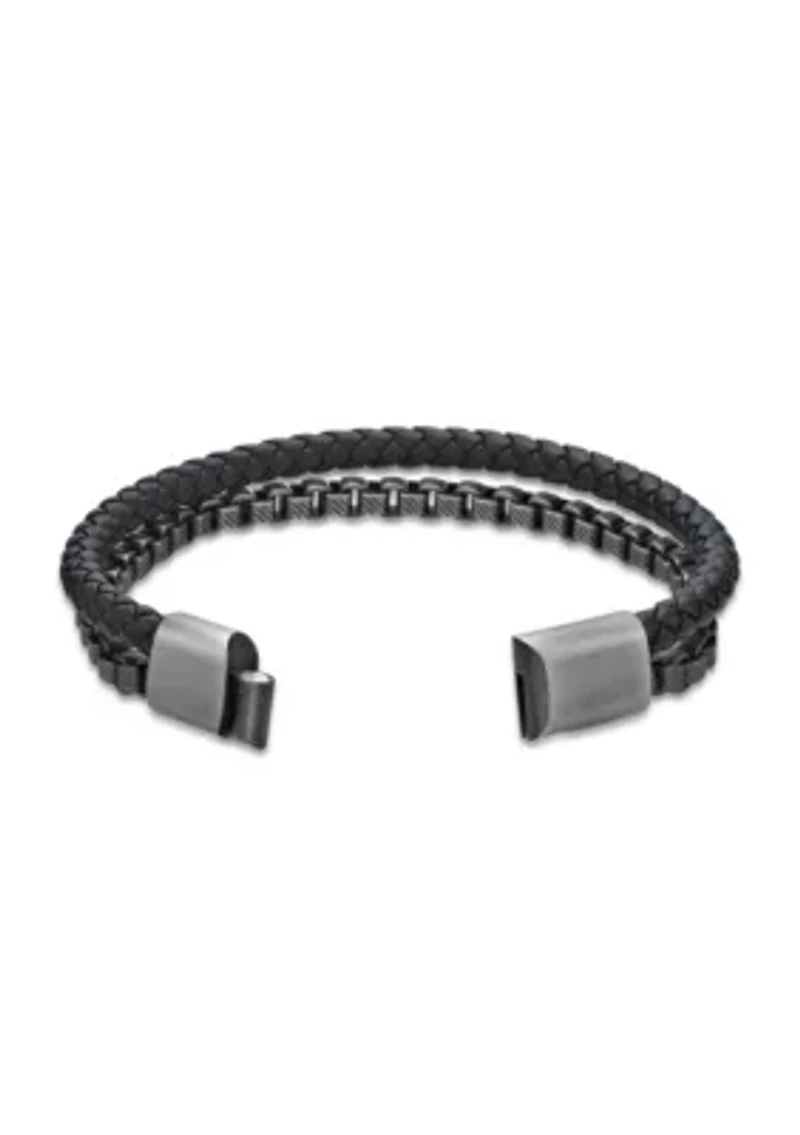 Matte Finish Stainless Steel Box Chain and Braided Black Leather Bracelet