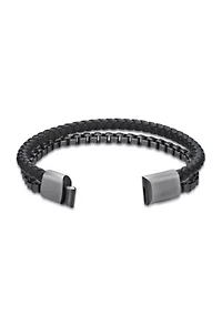 Matte Finish Stainless Steel Box Chain and Braided Black Leather Bracelet