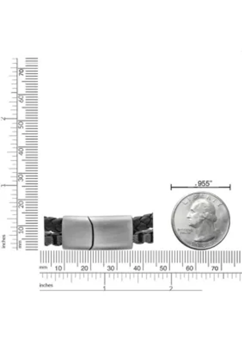 Matte Finish Stainless Steel Box Chain and Braided Black Leather Bracelet