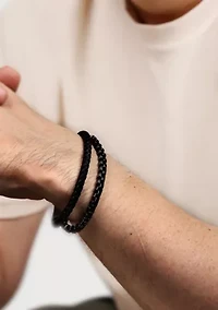 Matte Finish Stainless Steel Box Chain and Braided Black Leather Bracelet