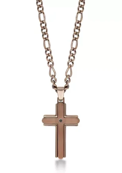 Stainless Steel and Black Cz Chocolate Ip Cross Pendant with 22" Figaro Chain