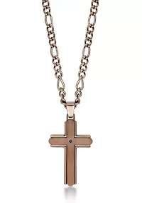 Stainless Steel and Black Cz Chocolate Ip Cross Pendant with 22" Figaro Chain