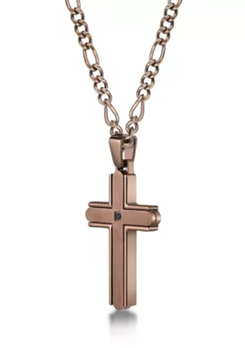 Stainless Steel and Black Cz Chocolate Ip Cross Pendant with 22" Figaro Chain