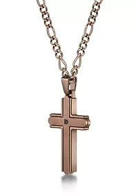 Stainless Steel and Black Cz Chocolate Ip Cross Pendant with 22" Figaro Chain