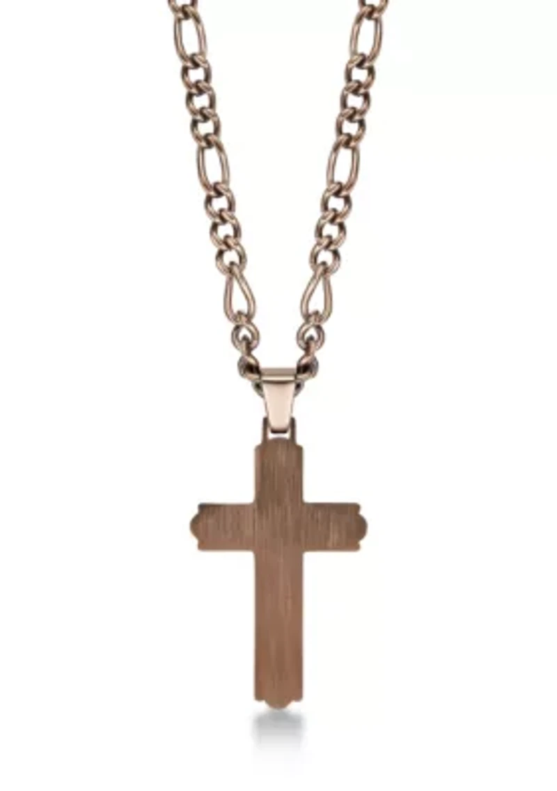 Stainless Steel and Black Cz Chocolate Ip Cross Pendant with 22" Figaro Chain