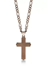 Stainless Steel and Black Cz Chocolate Ip Cross Pendant with 22" Figaro Chain
