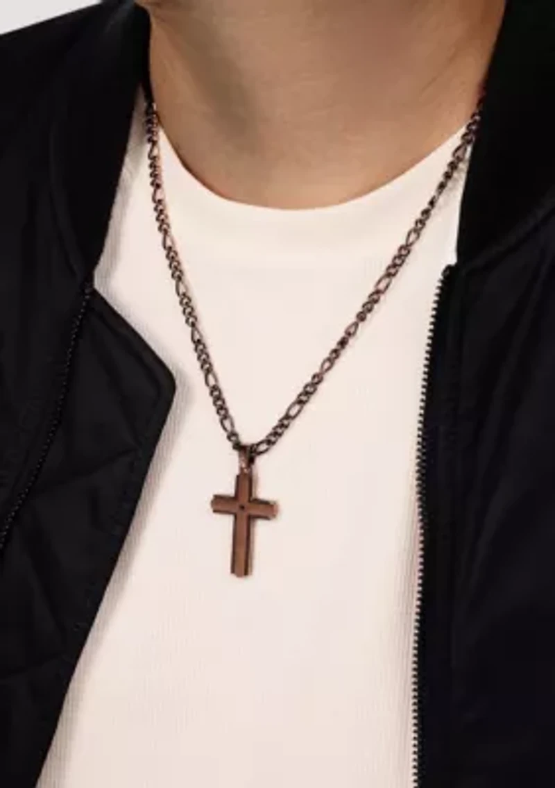 Stainless Steel and Black Cz Chocolate Ip Cross Pendant with 22" Figaro Chain
