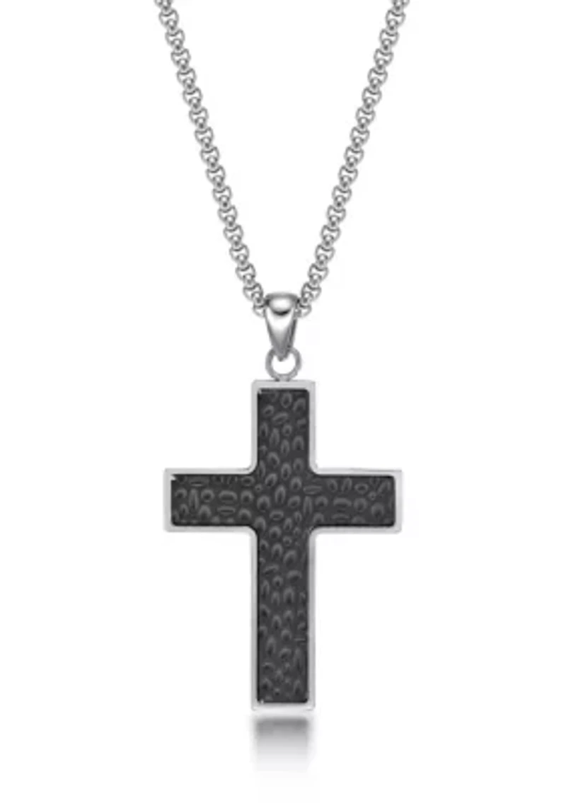 Stainless Steel Hammered Cross Pendant with Black Ip and  24" Round Box Chain