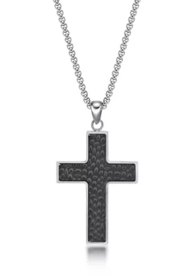 Stainless Steel Hammered Cross Pendant with Black Ip and  24" Round Box Chain