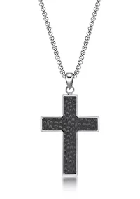 Stainless Steel Hammered Cross Pendant with Black Ip and  24" Round Box Chain
