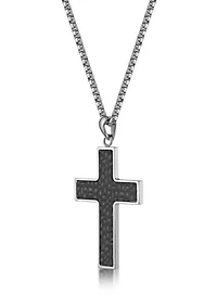 Stainless Steel Hammered Cross Pendant with Black Ip and  24" Round Box Chain