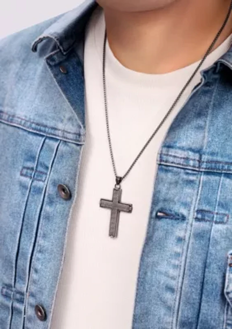 Stainless Steel Cross Pendant with Mattte Gray Ip and 24" Round Box Chain