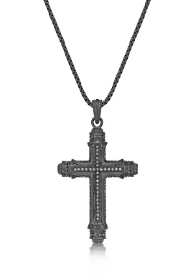Stainless Steel & Cz Cross Pendant with Mattte Gray Ip and 24" Round Box Chain