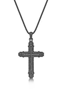 Stainless Steel & Cz Cross Pendant with Mattte Gray Ip and 24" Round Box Chain