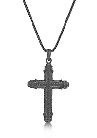 Stainless Steel & Cz Cross Pendant with Mattte Gray Ip and 24" Round Box Chain