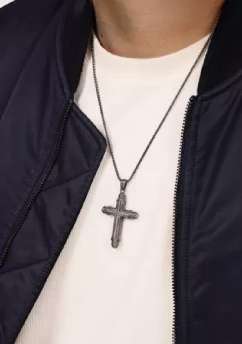 Stainless Steel & Cz Cross Pendant with Mattte Gray Ip and 24" Round Box Chain