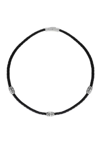 Stainless Steel Necklace in Black Leather, 22” Length