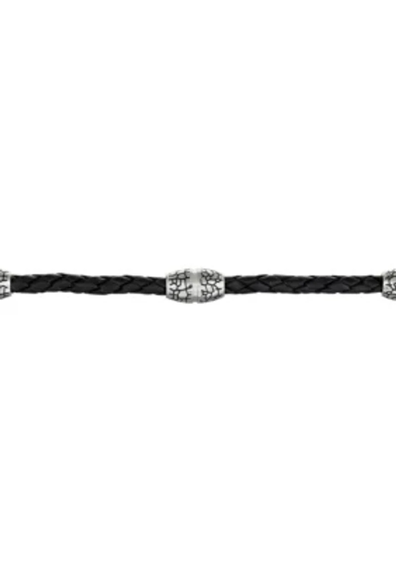Stainless Steel Necklace in Black Leather, 22” Length