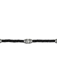 Stainless Steel Necklace in Black Leather, 22” Length