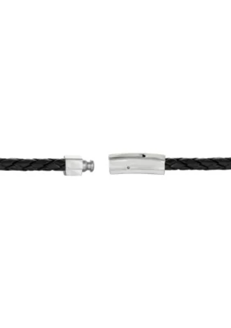Stainless Steel Necklace in Black Leather, 22” Length
