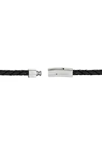 Stainless Steel Necklace in Black Leather, 22” Length