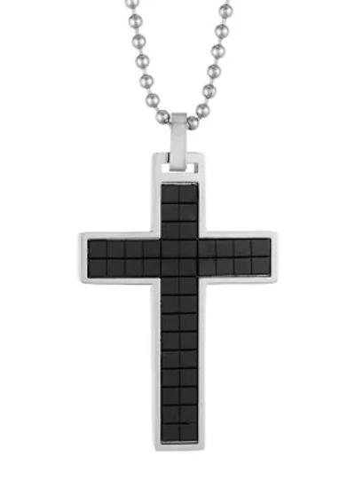 Mens Stainless Steel Carbon Fiber Cross Pendant, with 22 in. Ball Chain