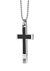 Mens Stainless Steel Carbon Fiber Cross Pendant, with 22 in. Ball Chain