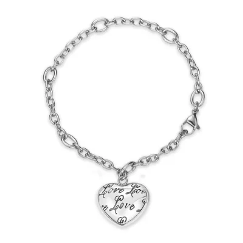 Stainless Steel "Love" Puffed Heart Charm Bracelet