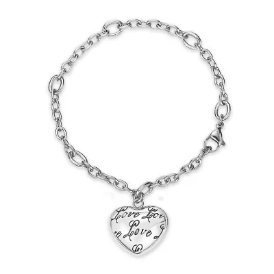 Stainless Steel "Love" Puffed Heart Charm Bracelet