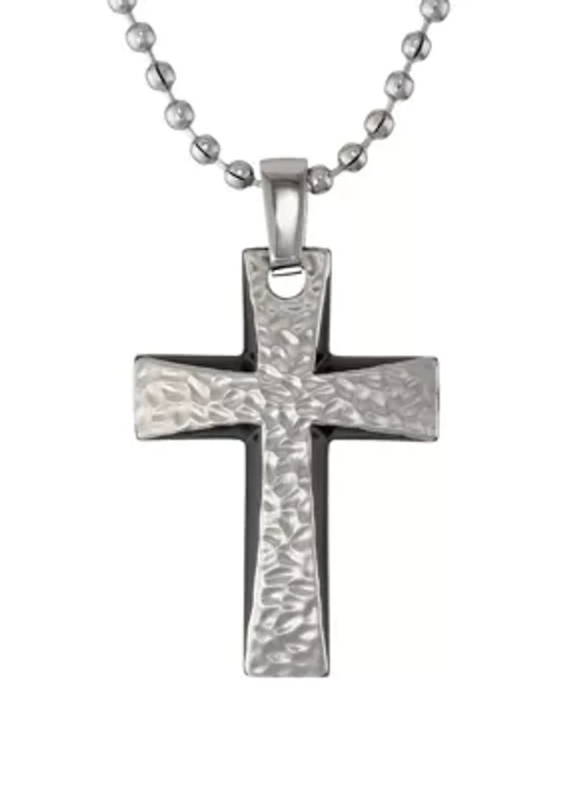 Mens Stainless Steel 35mm Cross Pendant with Black Plating on 22 in. Ball Chain with Lobster Lock