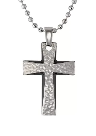 Mens Stainless Steel 35mm Cross Pendant with Black Plating on 22 in. Ball Chain with Lobster Lock