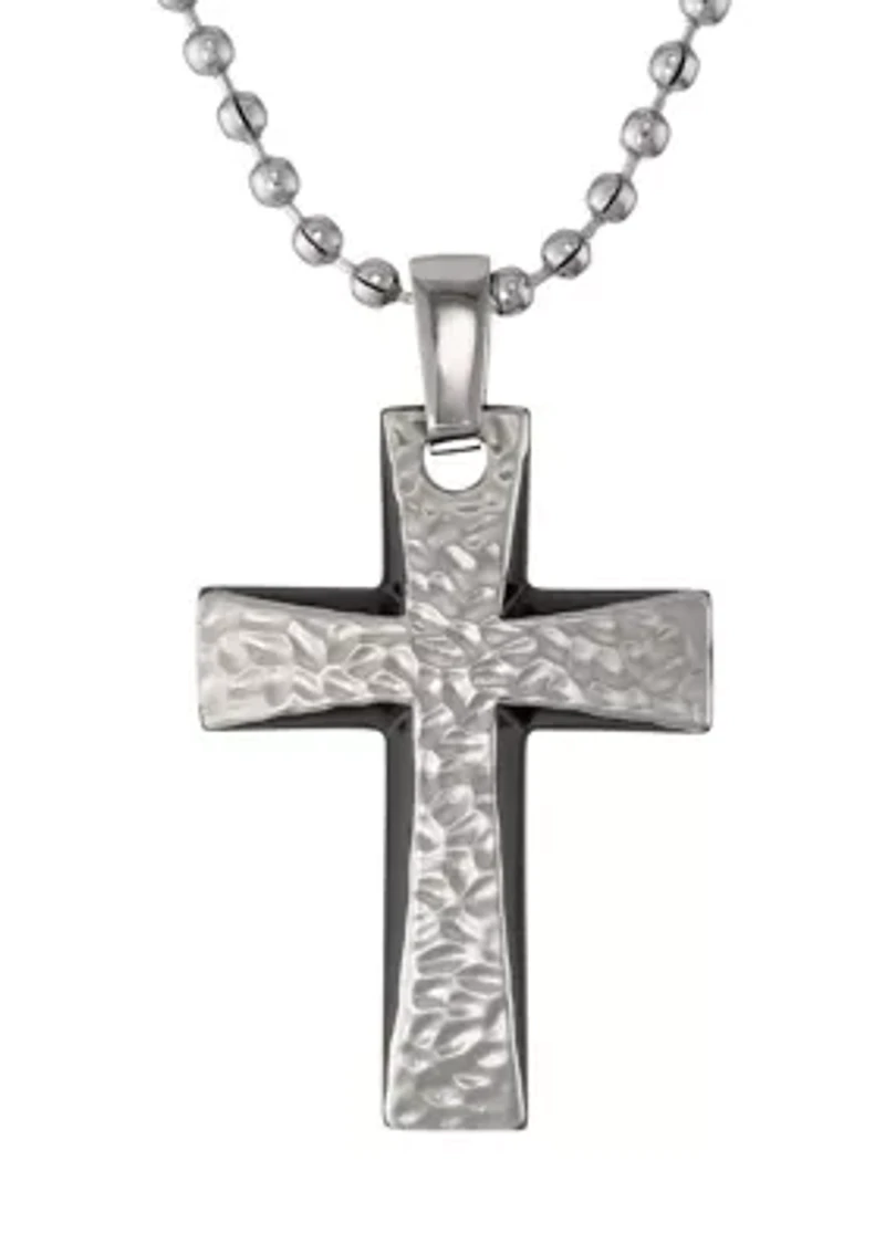 Mens Stainless Steel 35mm Cross Pendant with Black Plating on 22 in. Ball Chain with Lobster Lock