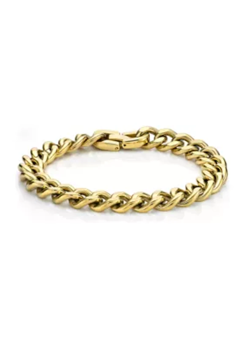 Stainless Steel 11 Millimeter Curb Chain Bracelet with Gold Tone Ion Plating, 9 Inch