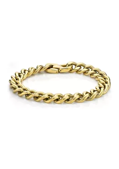 Stainless Steel 11 Millimeter Curb Chain Bracelet with Gold Tone Ion Plating, 9 Inch