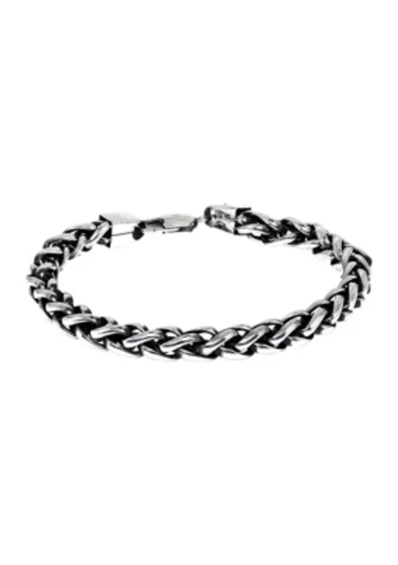 Stainless Steel 8 Millimeter Wheat Chain Bracelet with Black Plating Inlay, 9 Inch