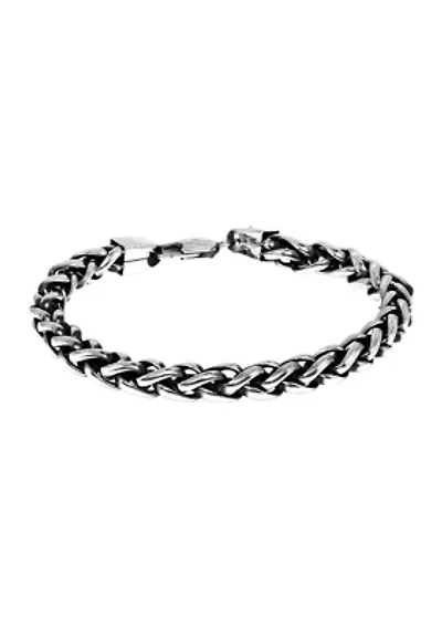 Stainless Steel 8 Millimeter Wheat Chain Bracelet with Black Plating Inlay, 9 Inch