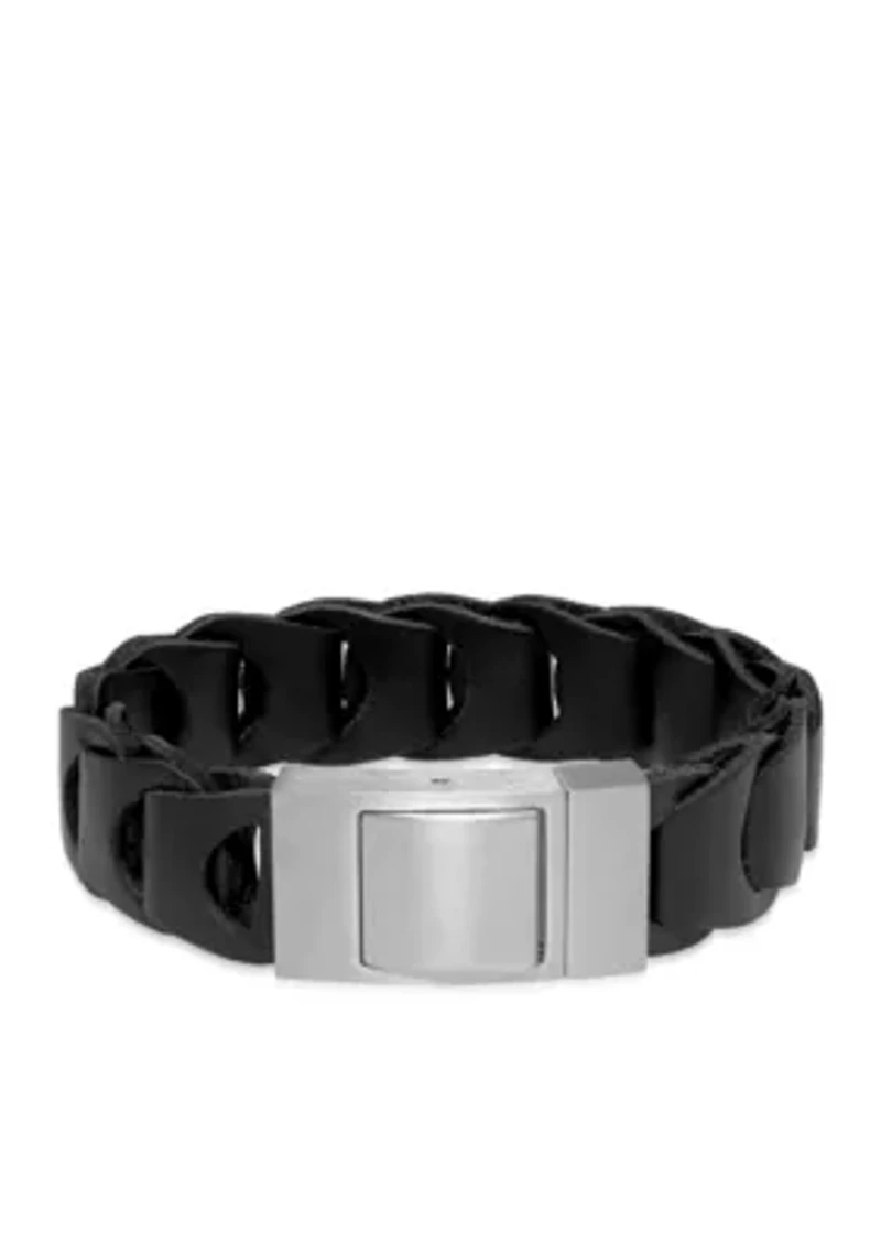 Men's Stainless Steel and Black Leather Bracelet
