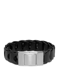 Men's Stainless Steel and Black Leather Bracelet