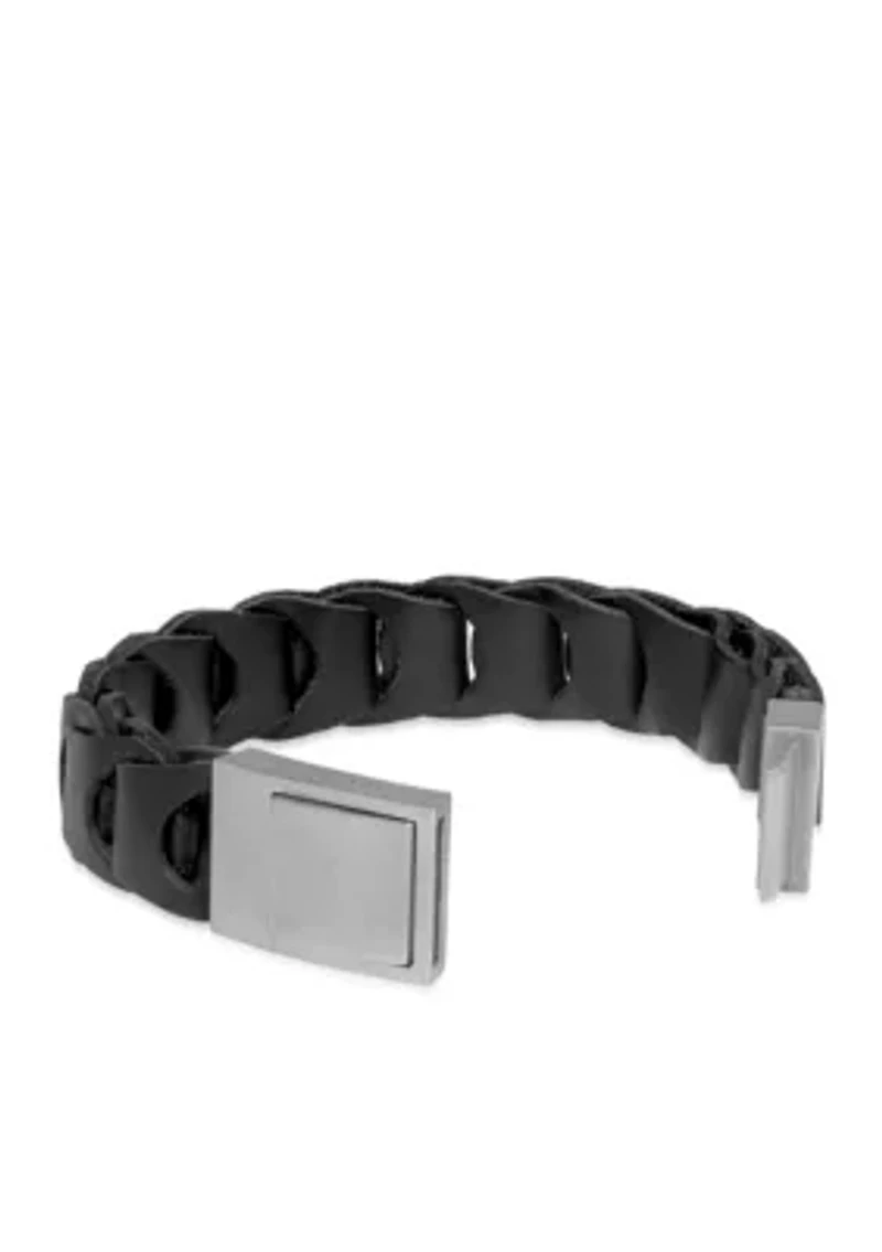 Men's Stainless Steel and Black Leather Bracelet
