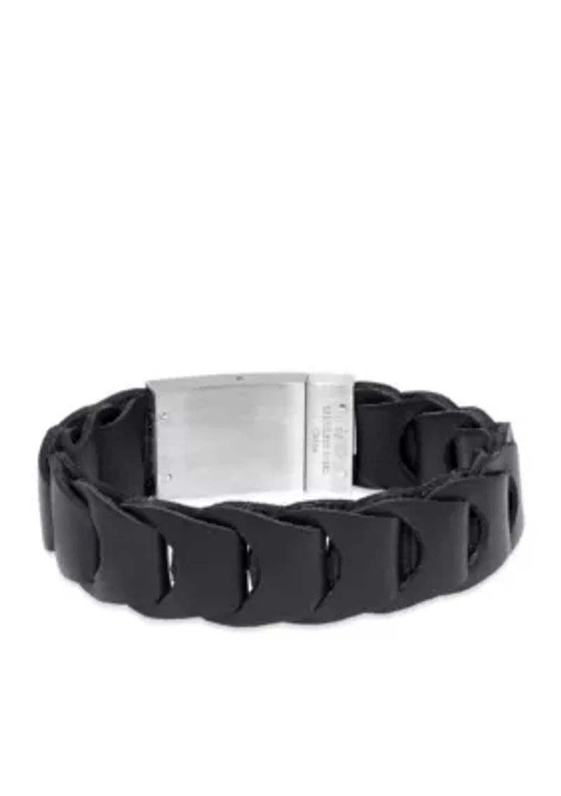 Men's Stainless Steel and Black Leather Bracelet