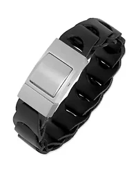 Men's Stainless Steel and Black Leather Bracelet