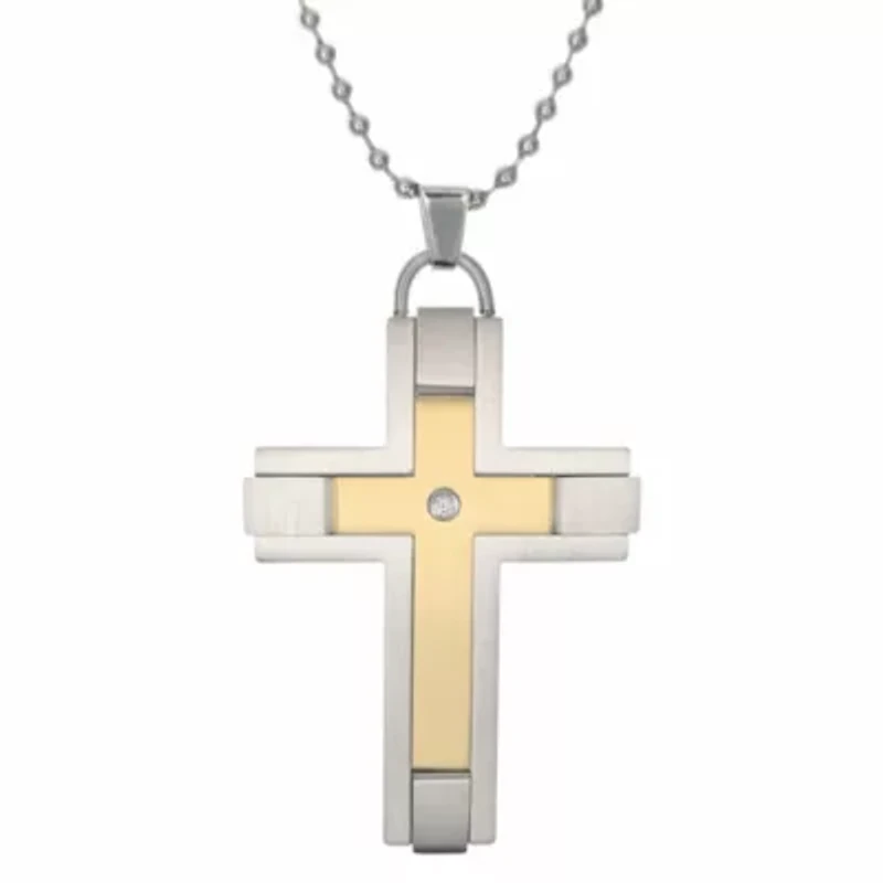 Two Tone Stainless Steel Diamond Accent Cross Pendant