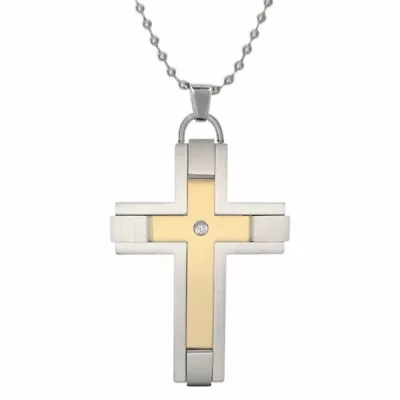 Two Tone Stainless Steel Diamond Accent Cross Pendant
