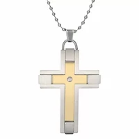 Two Tone Stainless Steel Diamond Accent Cross Pendant