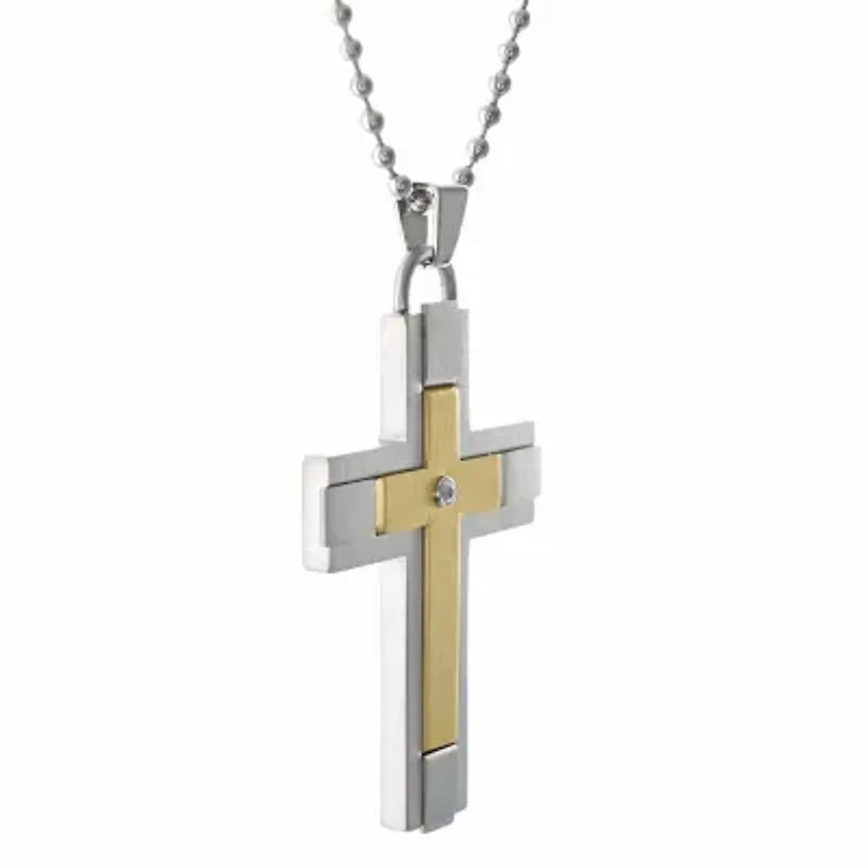 Two Tone Stainless Steel Diamond Accent Cross Pendant