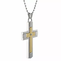 Two Tone Stainless Steel Diamond Accent Cross Pendant