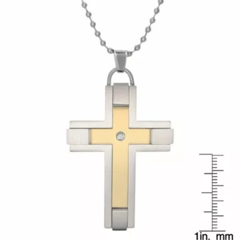 Two Tone Stainless Steel Diamond Accent Cross Pendant
